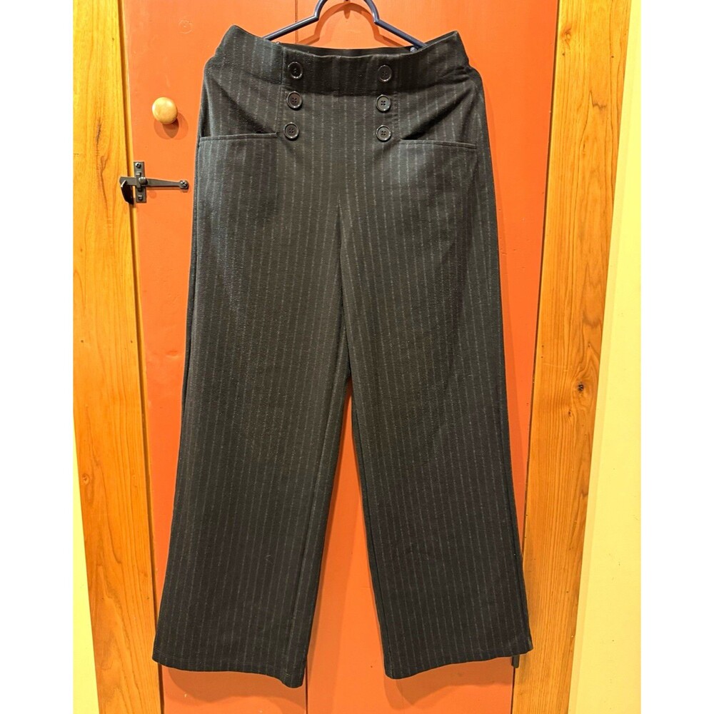 Max Studio London Women’s M Black Pinstripe Wide Leg Dress Pants Button Pockets